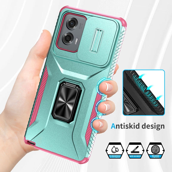 For Motorola Moto G Stylus 2024 Sliding Camshield Holder Phone Case(Grey Green + Pink)