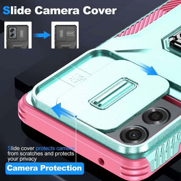 For Motorola Moto G Stylus 2024 Sliding Camshield Holder Phone Case(Grey Green + Pink)