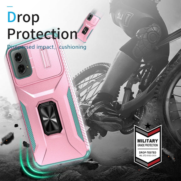 For Motorola Moto G 5G 2024 Sliding Camshield Holder Phone Case(Pink + Grey Green)