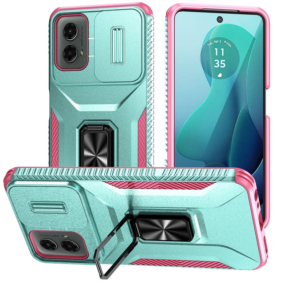 For Motorola Moto G 5G 2024 Sliding Camshield Holder Phone Case(Grey Green + Pink)
