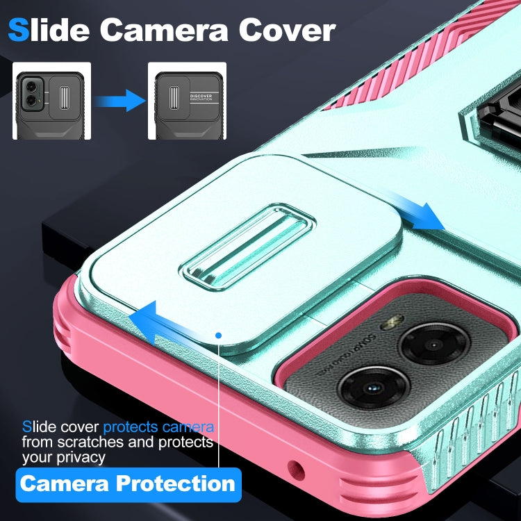 For Motorola Moto G 5G 2024 Sliding Camshield Holder Phone Case(Grey Green + Pink)