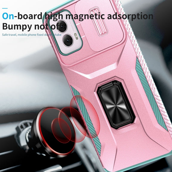 For Motorola Moto G Power 2024 Sliding Camshield Holder Phone Case(Pink + Grey Green)