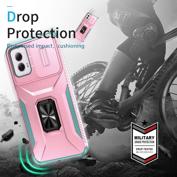 For Motorola Moto G Power 2024 Sliding Camshield Holder Phone Case(Pink + Grey Green)