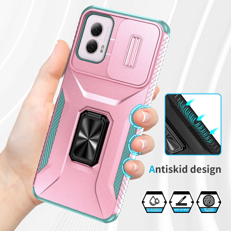 For Motorola Moto G Power 2024 Sliding Camshield Holder Phone Case(Pink + Grey Green)