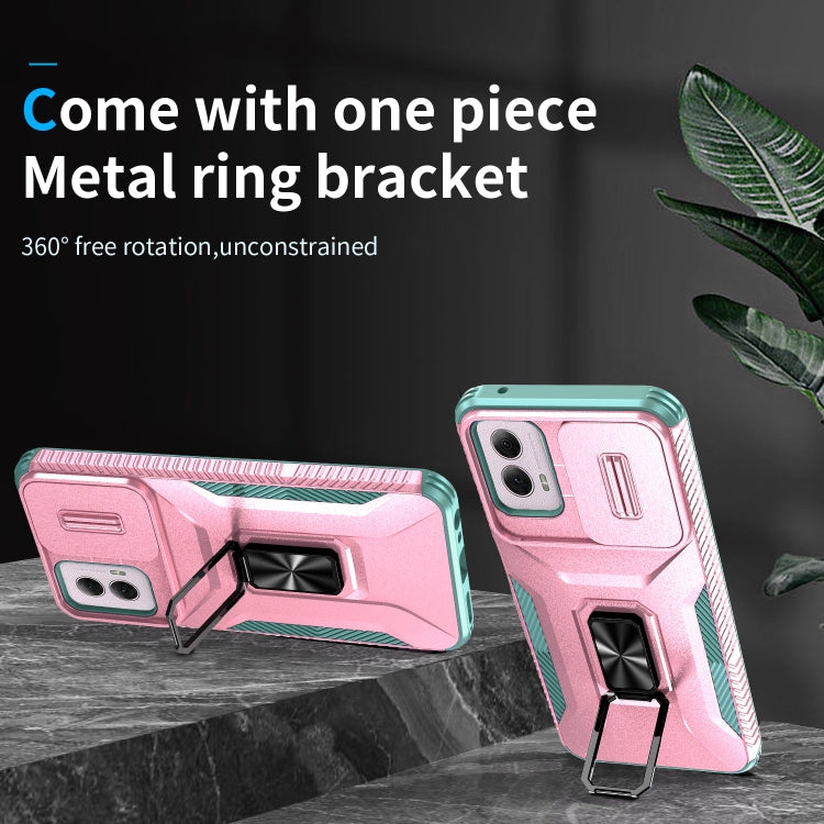For Motorola Moto G Power 2024 Sliding Camshield Holder Phone Case(Pink + Grey Green)