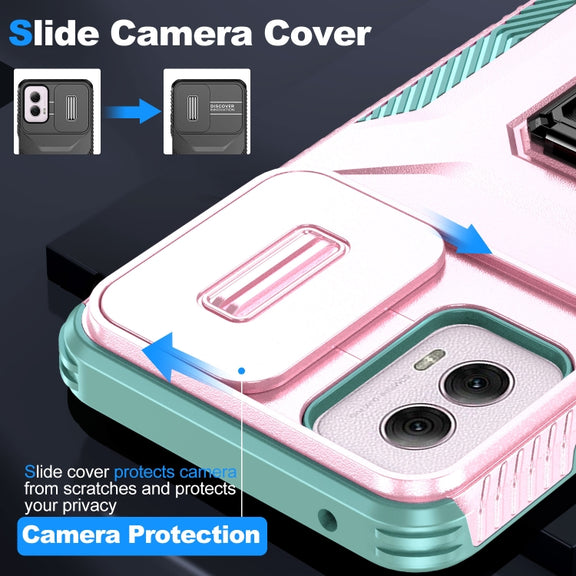 For Motorola Moto G Power 2024 Sliding Camshield Holder Phone Case(Pink + Grey Green)