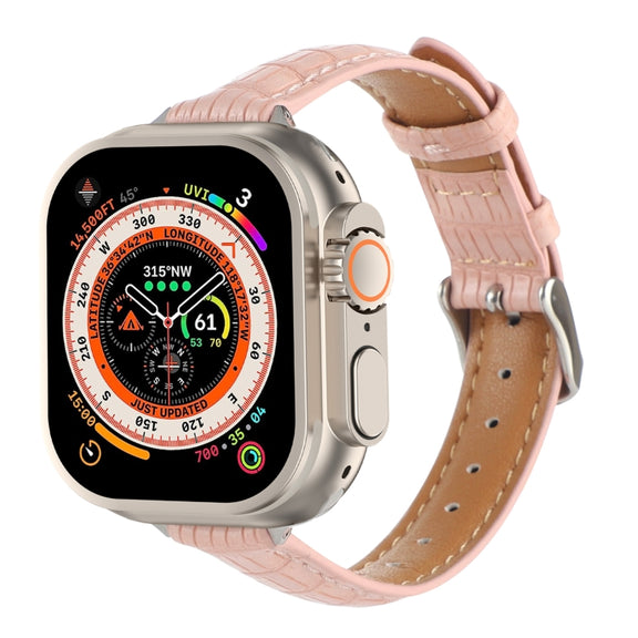 For Apple Watch Ultra 2 49mm Slim Crocodile Leather Watch Band(Pink)