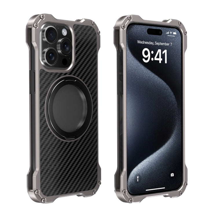 For iPhone 15 Pro R-JUST RJ51-1 Hollow Rotating Holder MagSafe Magnetic Metal Phone Case(Silver Grey) - iPhone 15 Pro Cases by R-JUST | Online Shopping South Africa | PMC TechLife | Buy Now Pay Later Mobicred