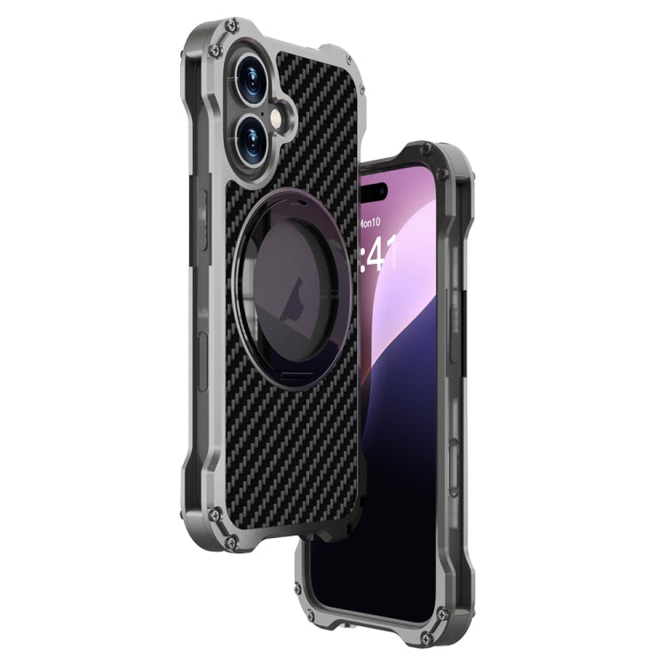 For iPhone 16 R-JUST RJ51-1 Hollow Rotating Holder MagSafe Magnetic Metal Phone Case(Silver Grey) - free shipping - PMC Jewellery - Order now!