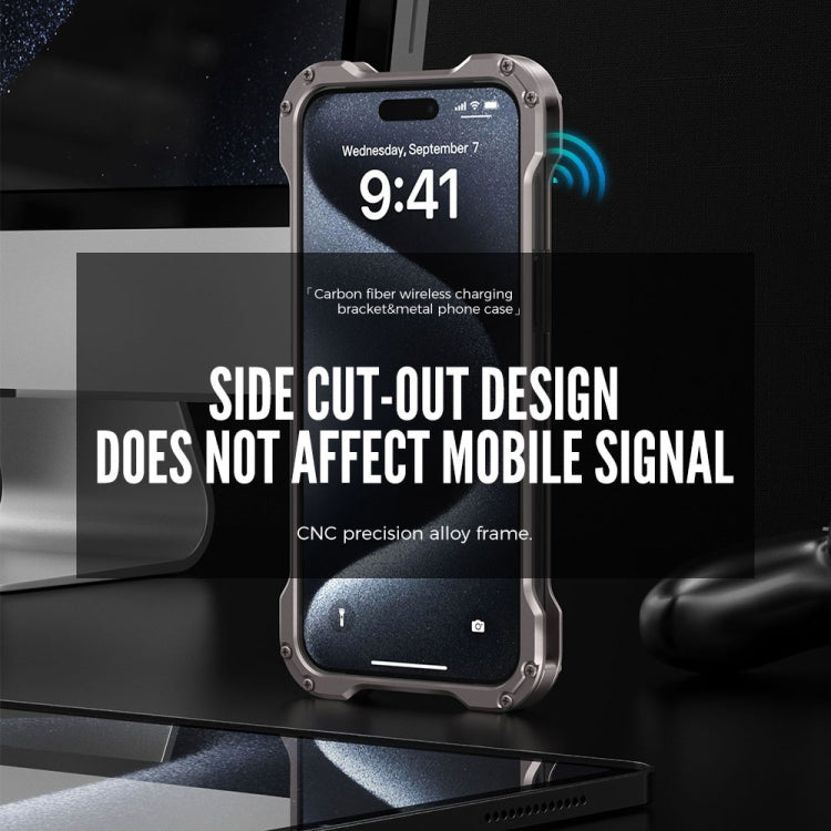 For iPhone 16 Plus R-JUST RJ51-1 Hollow Rotating Holder MagSafe Magnetic Metal Phone Case(Silver Grey)
