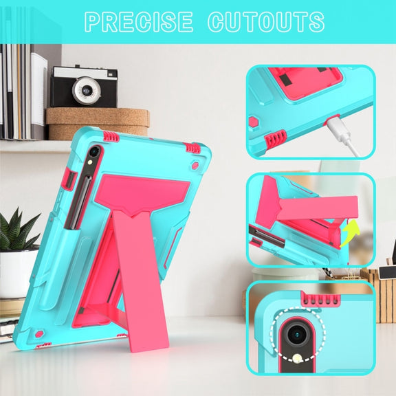 For Samsung Galaxy Tab S9 FE / S9 T Holder Robot Silicone Hybrid PC Tablet Case(Mint Rose Red)