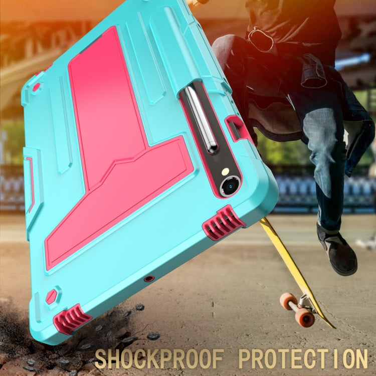 For Samsung Galaxy Tab S9 FE / S9 T Holder Robot Silicone Hybrid PC Tablet Case(Mint Rose Red)