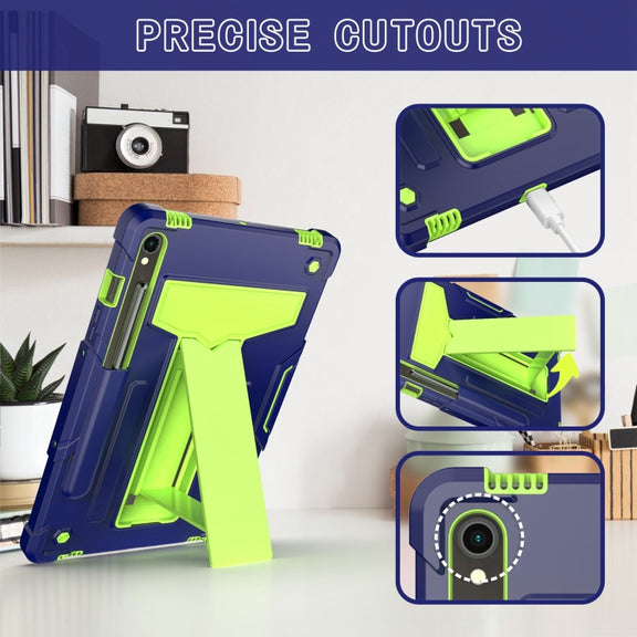 For Samsung Galaxy Tab S9 FE / S9 T Holder Robot Silicone Hybrid PC Tablet Case(Navy Yellow Green)