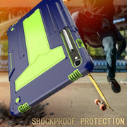 For Samsung Galaxy Tab S9 FE / S9 T Holder Robot Silicone Hybrid PC Tablet Case(Navy Yellow Green)