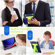 For Samsung Galaxy Tab S9 FE / S9 T Holder Robot Silicone Hybrid PC Tablet Case(Navy Yellow Green)