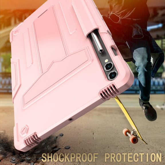 For Samsung Galaxy Tab S9 FE+ / S9+ T Holder Robot Silicone Hybrid PC Tablet Case(Rose Gold)
