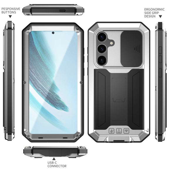 For Samsung Galaxy S24+ 5G R-JUST Sliding Camera Life Water-resistant Holder Phone Case(Silver)