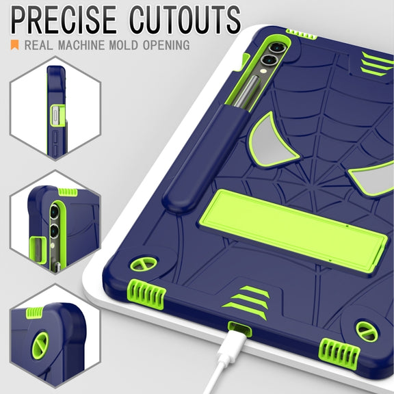 For Samsung Galaxy Tab S9 FE+ / S9+ Fold-Holder Spider Silicone Hybrid PC Tablet Case(Navy Yellow Green)