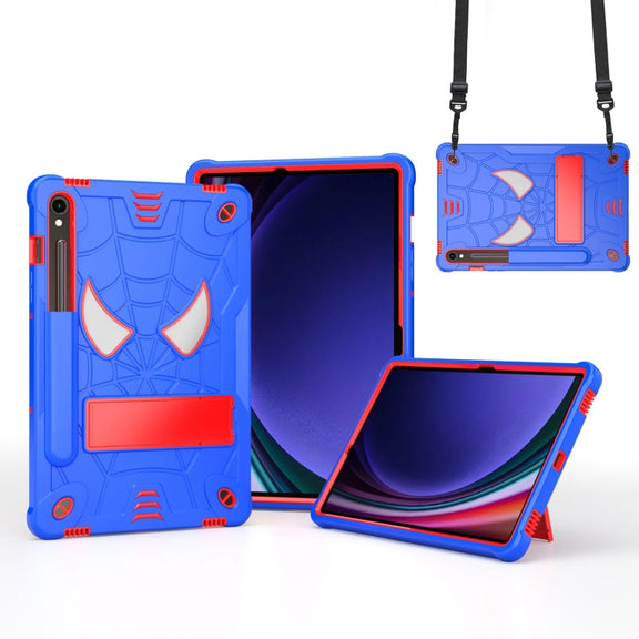 For Samsung Galaxy Tab S9 FE / S9 Fold-Holder Spider Silicone Hybrid PC Tablet Case(Blue Red)