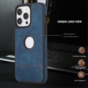 For iPhone 14 Pro Max Splicing Sewing Hollow Cutout PU Phone Case(Blue)
