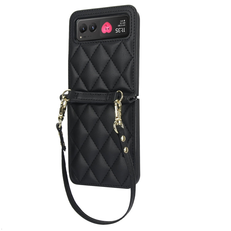 For Motorola Razr 40 Rhombic Texture Phone Case with Long & Short Lanyard(Black) - Motorola Cases by PMC TechLife | Online Shopping South Africa | PMC TechLife | Buy Now Pay Later Mobicred