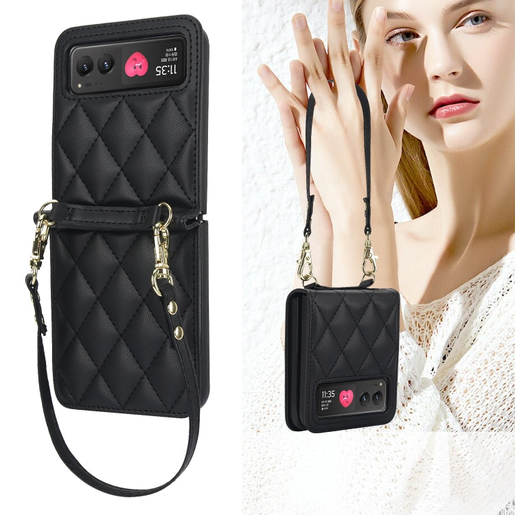 For Motorola Razr 40 Rhombic Texture Phone Case with Long & Short Lanyard(Black) - Motorola Cases by PMC TechLife | Online Shopping South Africa | PMC TechLife | Buy Now Pay Later Mobicred