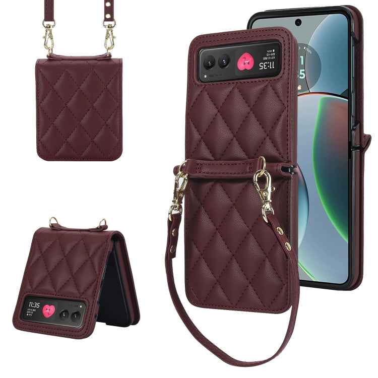 For Motorola Razr 40 Rhombic Texture Phone Case with Long & Short Lanyard(Wine Red) - free shipping - PMC TechLife - Order now!