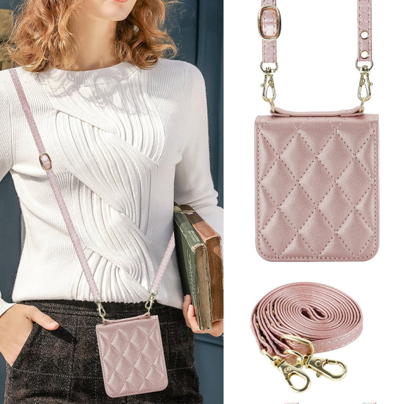 For Motorola Razr 40 Rhombic Texture Phone Case with Long & Short Lanyard(Rose Gold)