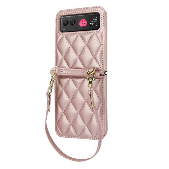 For Motorola Razr 40 Rhombic Texture Phone Case with Long & Short Lanyard(Rose Gold)