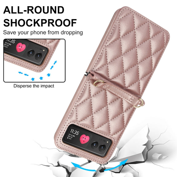 For Motorola Razr 40 Rhombic Texture Phone Case with Long & Short Lanyard(Rose Gold)