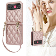 For Motorola Razr 40 Rhombic Texture Phone Case with Long & Short Lanyard(Rose Gold)