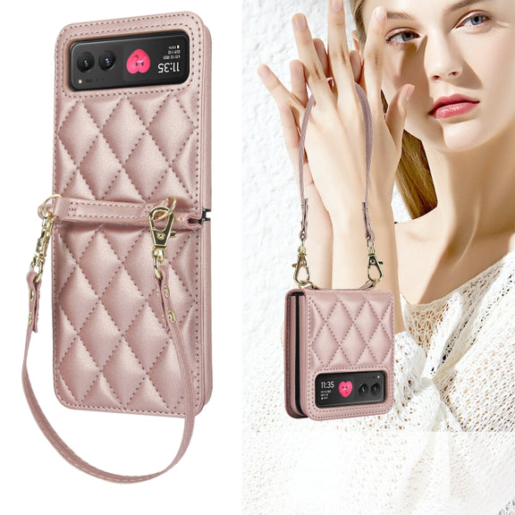 For Motorola Razr 40 Rhombic Texture Phone Case with Long & Short Lanyard(Rose Gold)