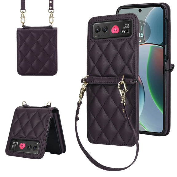 For Motorola Razr 40 Rhombic Texture Phone Case with Long & Short Lanyard(Dark Purple)