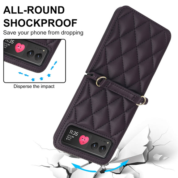 For Motorola Razr 40 Rhombic Texture Phone Case with Long & Short Lanyard(Dark Purple)