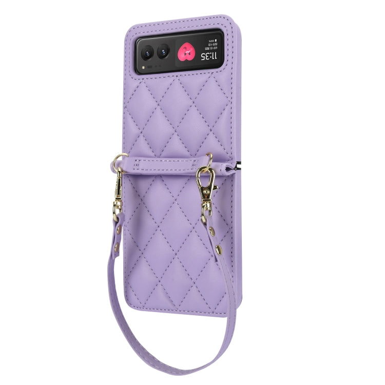 For Motorola Razr 40 Rhombic Texture Phone Case with Long & Short Lanyard(Light Purple) - Motorola Cases by PMC TechLife | Online Shopping South Africa | PMC TechLife | Buy Now Pay Later Mobicred