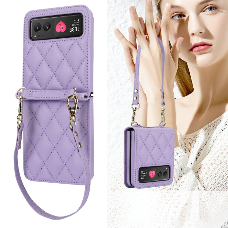 For Motorola Razr 40 Rhombic Texture Phone Case with Long & Short Lanyard(Light Purple) - Motorola Cases by PMC TechLife | Online Shopping South Africa | PMC TechLife | Buy Now Pay Later Mobicred