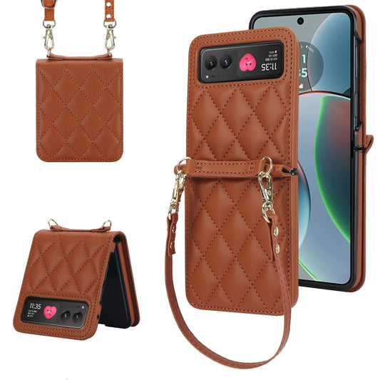 For Motorola Razr 40 Rhombic Texture Phone Case with Long & Short Lanyard(Brown) - Motorola Cases by PMC Jewellery | Online Shopping South Africa | PMC Jewellery | Buy Now Pay Later Mobicred