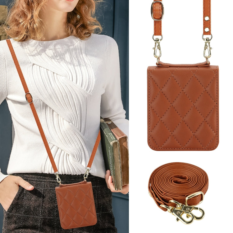 For Motorola Razr 40 Rhombic Texture Phone Case with Long & Short Lanyard(Brown) - Motorola Cases by PMC Jewellery | Online Shopping South Africa | PMC Jewellery | Buy Now Pay Later Mobicred