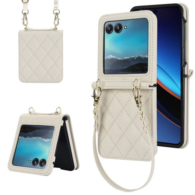 For Motorola Razr 40 Ultra Rhombic Texture Phone Case with Long & Short Lanyard(White) - Motorola Cases by PMC TechLife | Online Shopping South Africa | PMC TechLife | Buy Now Pay Later Mobicred