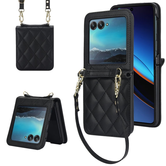 For Motorola Razr 40 Ultra Rhombic Texture Phone Case with Long & Short Lanyard(Black)