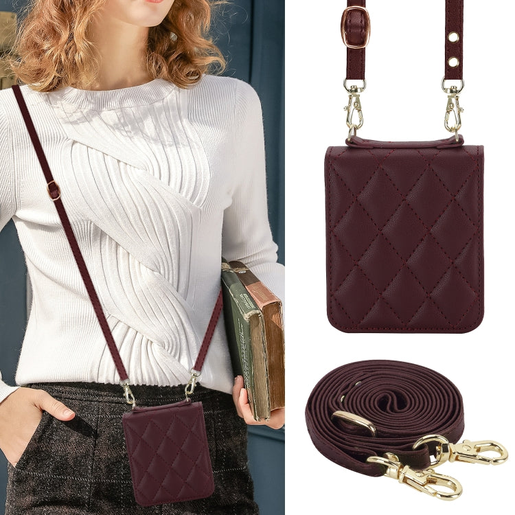 For Motorola Razr 40 Ultra Rhombic Texture Phone Case with Long & Short Lanyard(Wine Red)