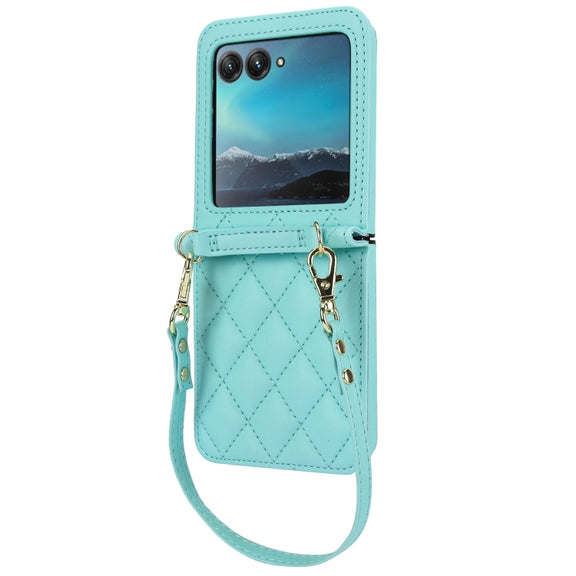 For Motorola Razr 40 Ultra Rhombic Texture Phone Case with Long & Short Lanyard(Green)
