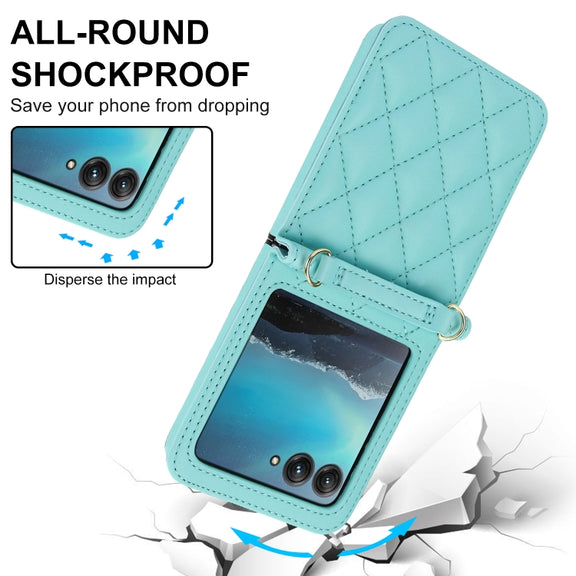 For Motorola Razr 40 Ultra Rhombic Texture Phone Case with Long & Short Lanyard(Green)