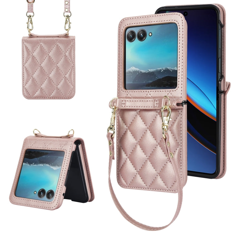 For Motorola Razr 40 Ultra Rhombic Texture Phone Case with Long & Short Lanyard(Rose Gold) - Motorola Cases by PMC TechLife | Online Shopping South Africa | PMC TechLife | Buy Now Pay Later Mobicred