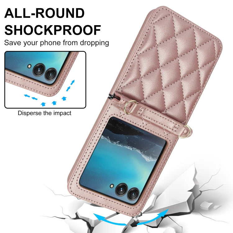 For Motorola Razr 40 Ultra Rhombic Texture Phone Case with Long & Short Lanyard(Rose Gold) - Motorola Cases by PMC TechLife | Online Shopping South Africa | PMC TechLife | Buy Now Pay Later Mobicred
