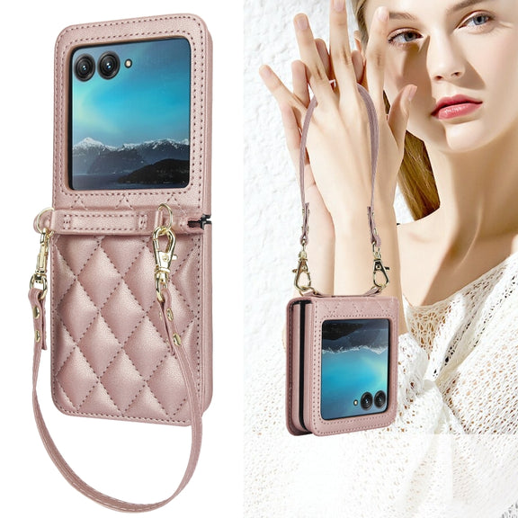 For Motorola Razr 40 Ultra Rhombic Texture Phone Case with Long & Short Lanyard(Rose Gold)