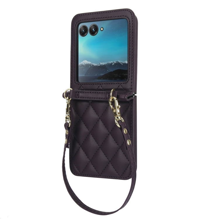 For Motorola Razr 40 Ultra Rhombic Texture Phone Case with Long & Short Lanyard(Dark Purple) - Motorola Cases by PMC TechLife | Online Shopping South Africa | PMC TechLife | Buy Now Pay Later Mobicred