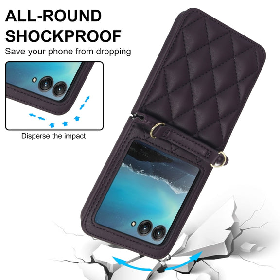 For Motorola Razr 40 Ultra Rhombic Texture Phone Case with Long & Short Lanyard(Dark Purple)