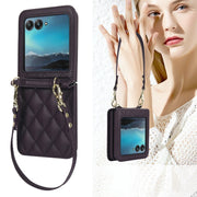 For Motorola Razr 40 Ultra Rhombic Texture Phone Case with Long & Short Lanyard(Dark Purple)