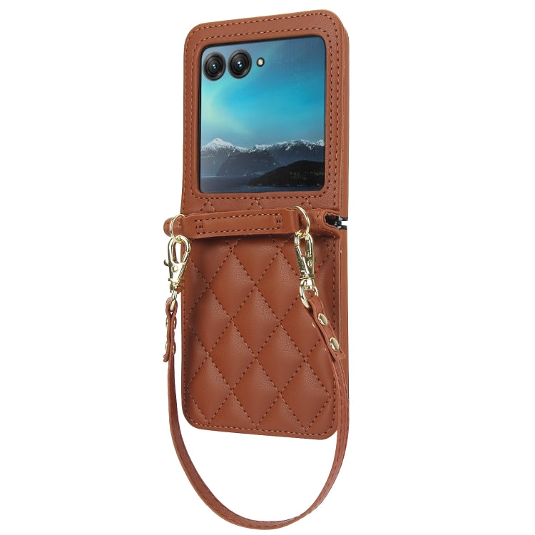 For Motorola Razr 40 Ultra Rhombic Texture Phone Case with Long & Short Lanyard(Brown) - Motorola Cases by PMC TechLife | Online Shopping South Africa | PMC TechLife | Buy Now Pay Later Mobicred